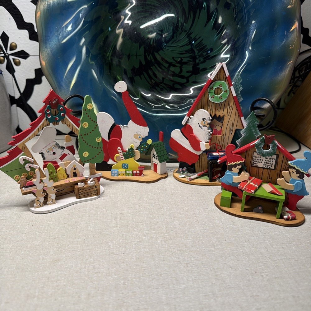 Lot Of 4 Vintage 1983 Schmidt EMGEE 3D Wood Christmas ornaments Santa Tree Elves